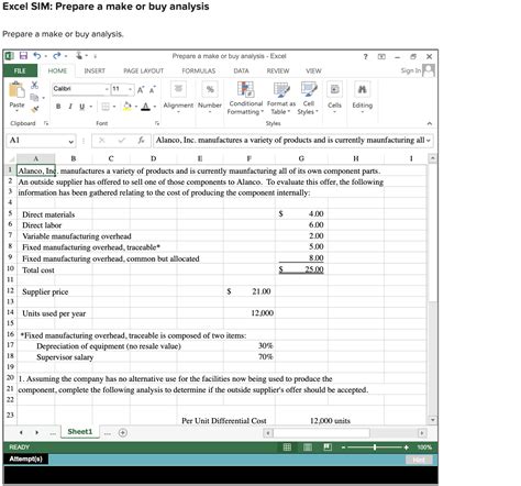 Solved Excel Sim Prepare A Make Or Buy Chegg