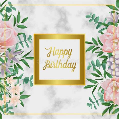 Luxury Happy Birthday Card With Pink Flowers On Black Marble Stock