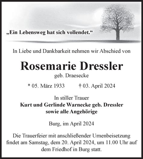 Traueranzeigen Von Rosemarie Dressler Abschied Nehmen De