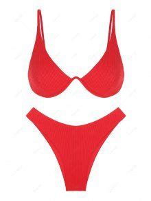 Underwire Ribbed Cheeky Bikini Set In Red Zaful