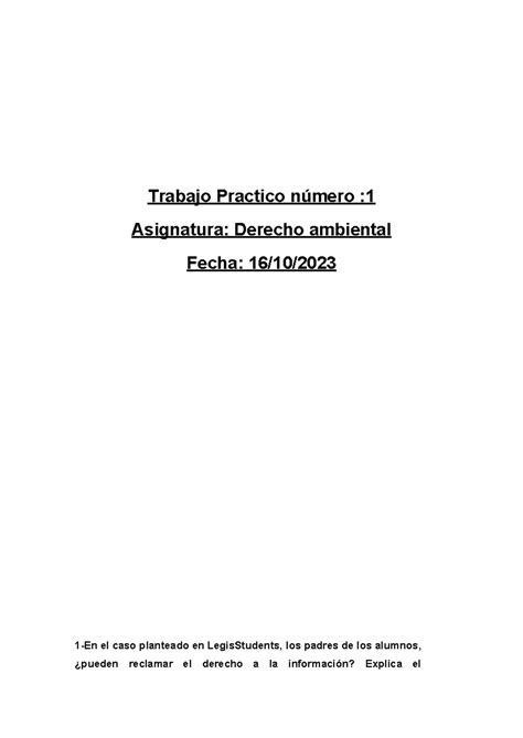 Trabajo practico nro 1 derecho ambiental Trabajo Practico número