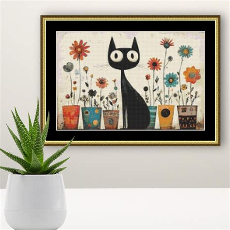 DOLLAR DAYS Folk Art Pussy Cat Cross Stitch Pattern Instant Digital
