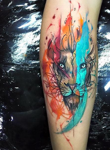 Amazing Colorful Lion Head Tattoo Idea