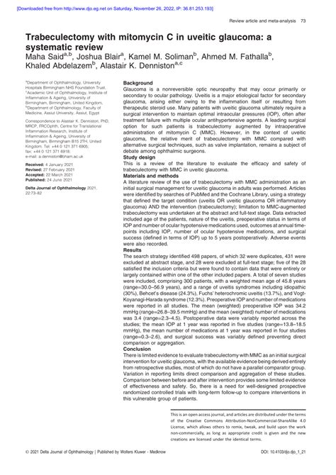 Pdf Trabeculectomy With Mitomycin C In Uveitic Glaucoma A Systematic