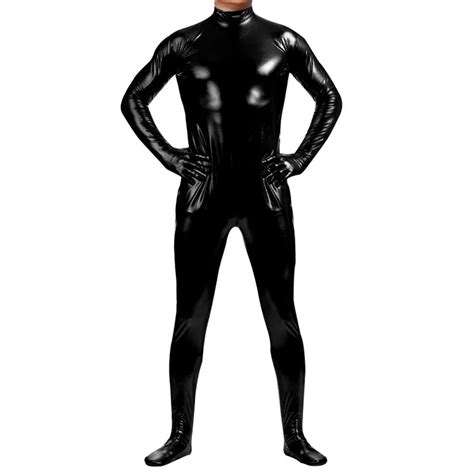 Ensnovo Men Nylon Lycra Spandex Suit Black Shiny Metallic Tights