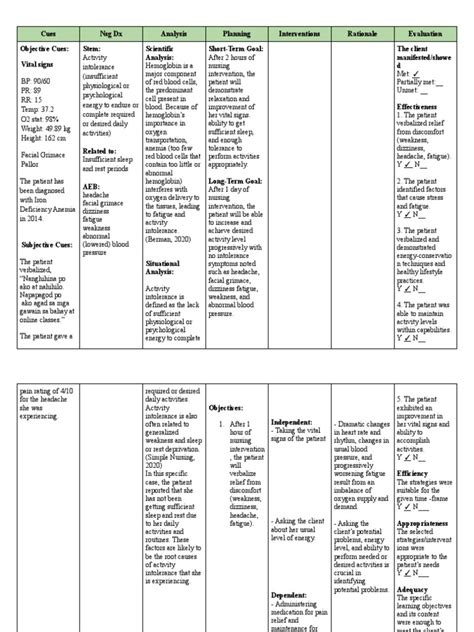 Nursing Care Plan Activity Intolerance Pdf Weakness Anemia