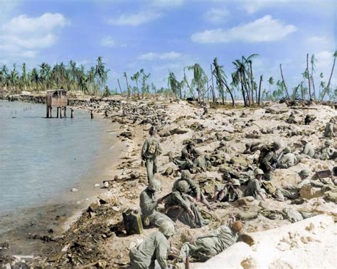 US marines huddled on the beaches during the Battle of Tarawa in World ...