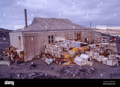 Antarctica historical huts .Sir Ernest Shackleton's hut at Cape Royd bags of grain and dog ...