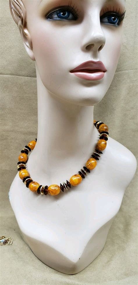 Vintage S Mottled Amber Lucite Bead Necklace Wes Gem