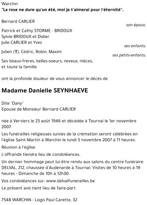 Avis De Décès De Danielle Seynhaeve Décédé Le 01 11 2007 à Tournai