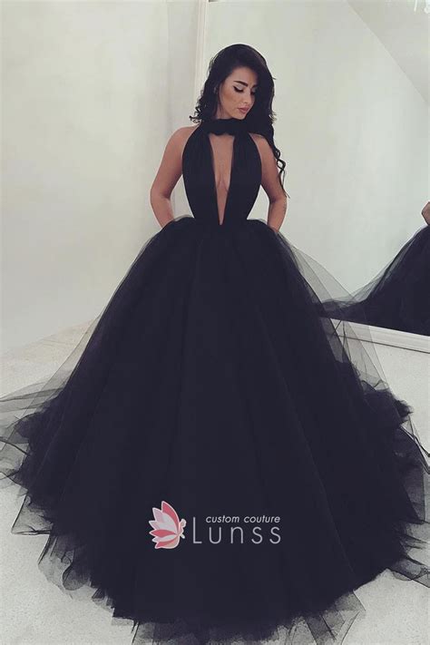 Sexy Cut Out Bodice Black Tulle Halter Prom Ball Gown Lunss