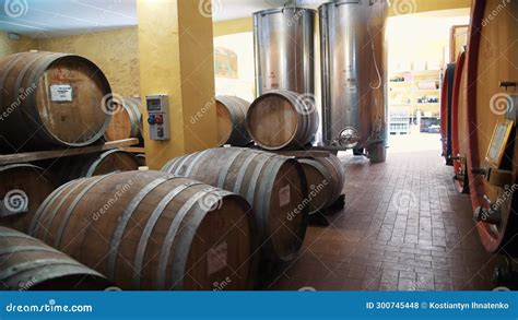 Wine Warehouse Wine Vault Many Wooden Barrels Of Wine Are Stored In