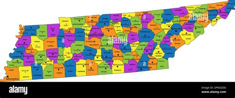 Colorido mapa político de Tennessee con capas claramente etiquetadas y