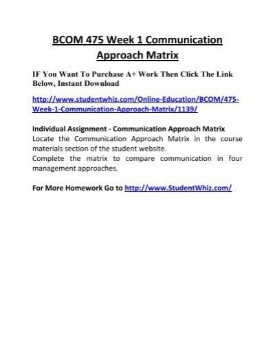 BCOM 475 Week 1 Communication Approach Matrix UOP Complete Class Home