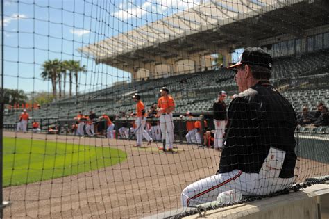 Baltimore Orioles Pitching Coach Dave Wallace Sits At The Backstop Observing Pitchers While