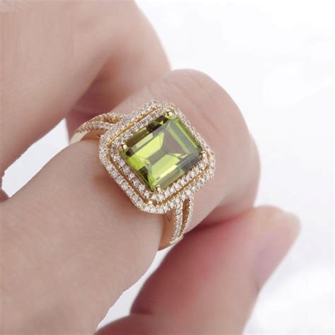 2ct Emerald Cut Green Peridot Double Halo Engagement Ring 14k Rose Gold