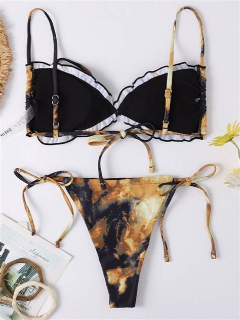 Emmiol Free Shipping Lace Up Marble Bikini Set Black S In Bikini