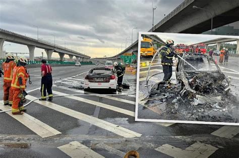 國1連2起火燒車！賓士突冒煙燃燒 警車「紅斑馬」成火球全毀 上報 焦點