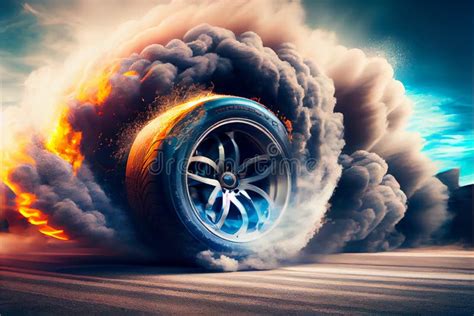 Drifting and Fire Smoking Sport Car Tire with Red Breaks Stock Illustration - Illustration of ...