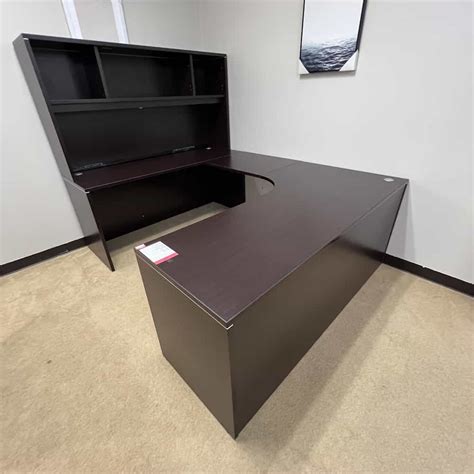 71 X 88 Espresso And Silver U Desk With Open Hutch Left Return