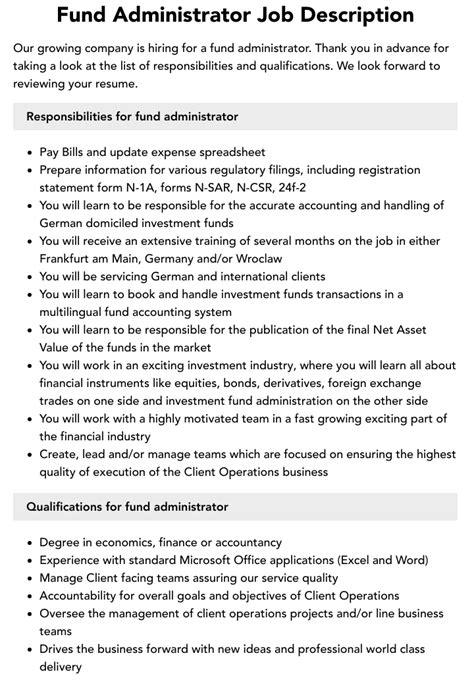 Fund Administrator Job Description Velvet Jobs