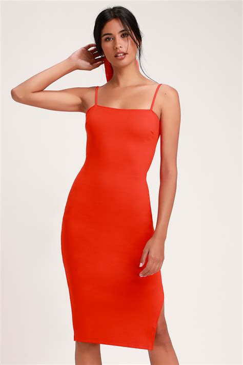 Coral Red Dress Bodycon Dress Midi Dress Dress Lulus