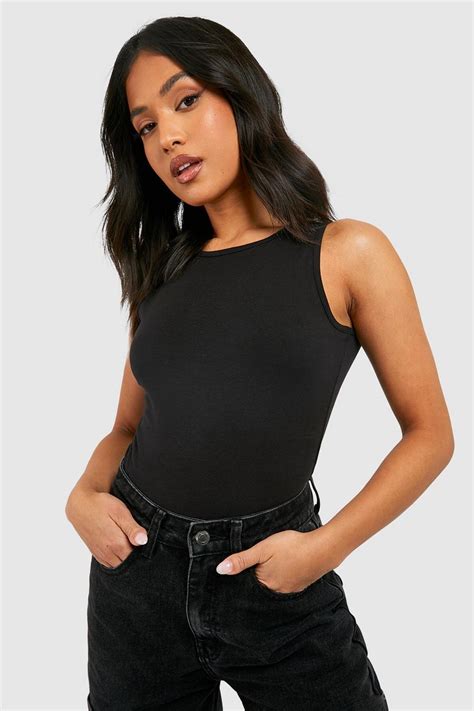 Petite Basic Racer Neck Bodysuit Boohoo