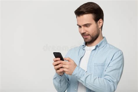 Half Side Head Shot Young Happy Man Holding Phone Stock Photo Image