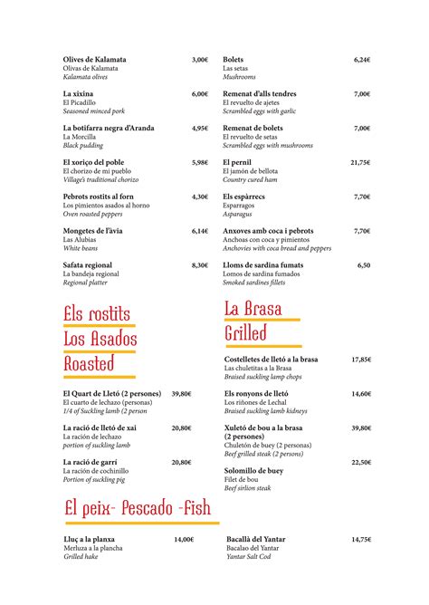 Carta Del Restaurante El Yantar De La Ribera Barcelona