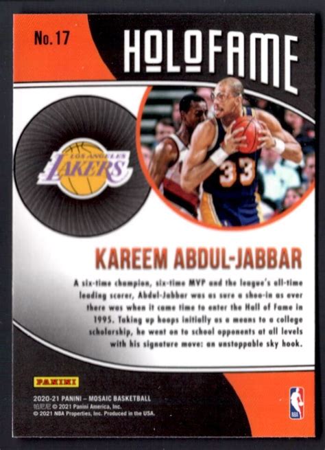 Kareem Abdul Jabbar Panini Mosaic Holofame Card Insert Los