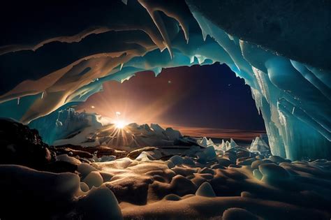 O sol está brilhando através de uma caverna de gelo generativa ai