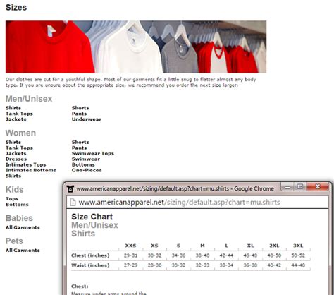 size chart guide   apparel brands  men  women apparel