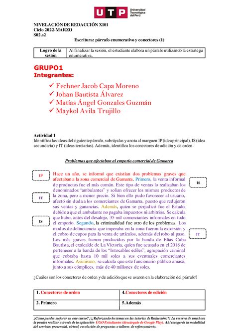 Párrafo enumerativo Grupo 1 1 Cómo puedes mejorar en este curso