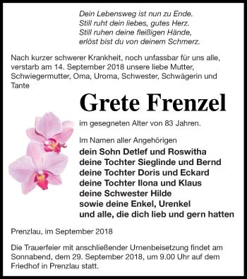 Traueranzeigen Von Grete Frenzel Trauer Nordkurier