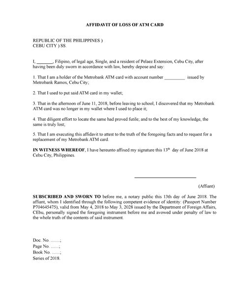 Affidavit Of Loss Of Atm Card Affidavit Of Loss