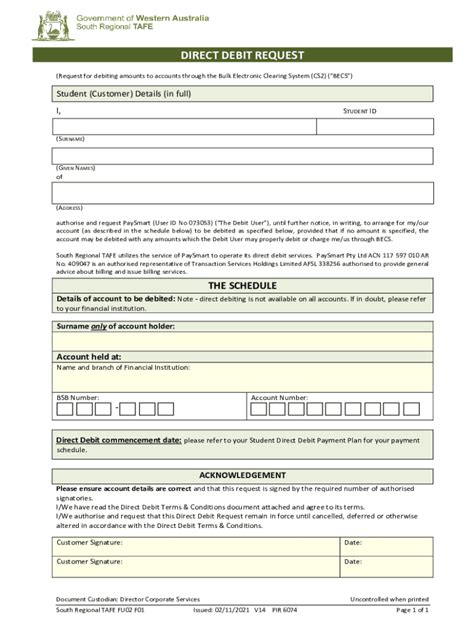 Fillable Online South Regional Tafe Direct Debit Request Form Use