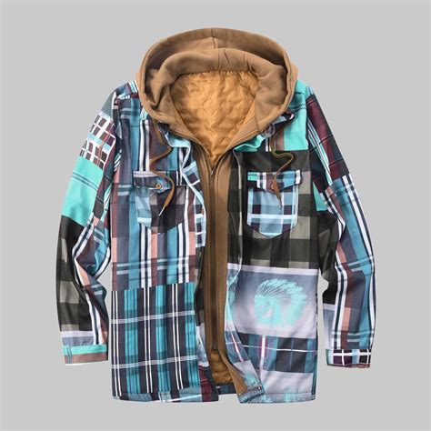 Mens Thermal Quilted Lined Flannel Shirts Jackets Hooded Button Down