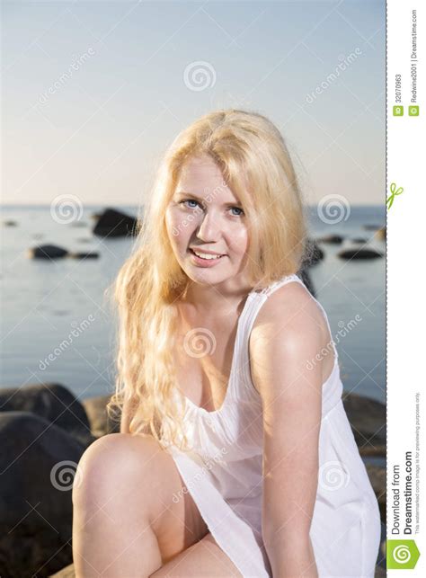 Woman In White Dress Posing On Seashore Stock Image Image Of Party