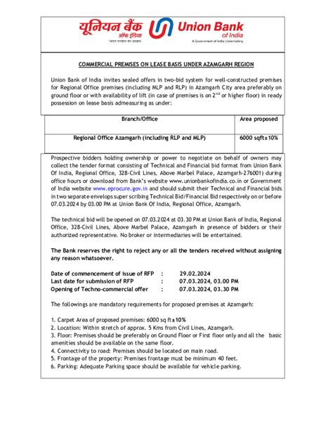 Fillable Online Tender Uploading Document For Premises On Lease Basis