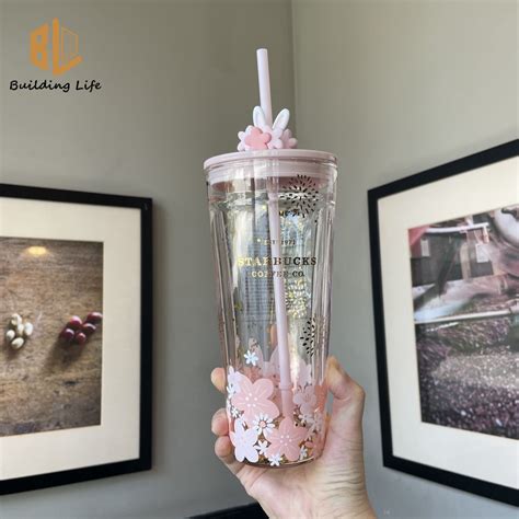 Starbucks Cup Sakura Double Layer Glass Straw Cup With Straw Cap Starbucks Coffee Cup Cute Pink