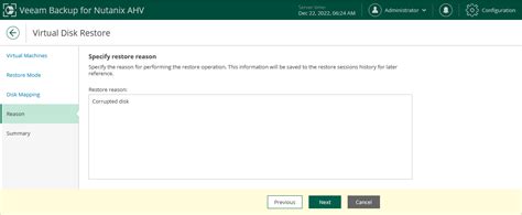 Step Specify Reason For Restore Veeam Backup For Nutanix Ahv User