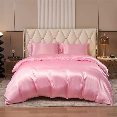 3 Piece Satin Duvet Cover Twin Full Queen King Size Set Luxury Silky Like Blush Pink