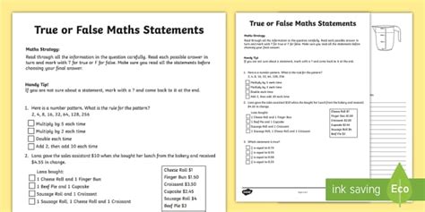 Year 4 True Or False Maths Statements Fact Sheet Twinkl