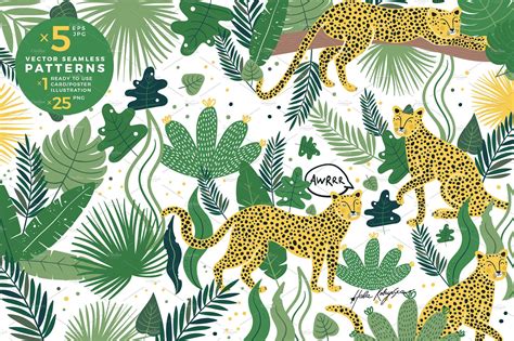 Leopards And Jungle Seamless Pattern Tropical Illustration Seamless