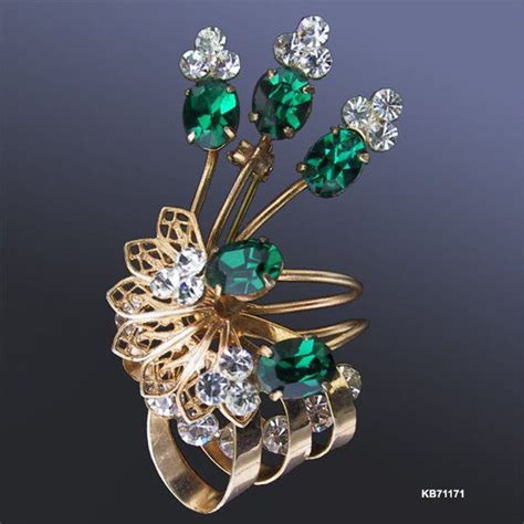 Vintage Retro Flower Brooch Emerald Green Clear Rhinestone Pin