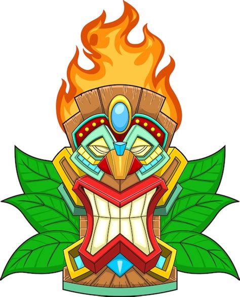 Karikatur Tiki Stammes Holzmaske Mit Flammen Und Bl Tter