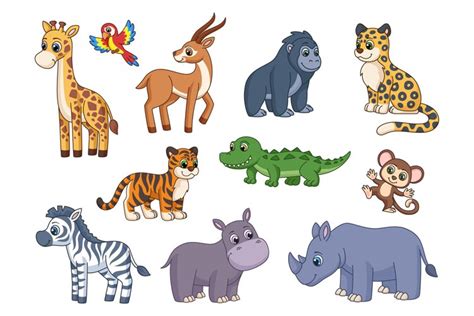 Cartoon exotic animal. Safari animals, monkey, lion and gira