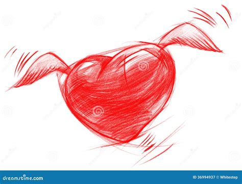 Flying Heart With Wings Sketch Drawing Stock Illustration