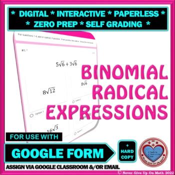 Use With Google Form Binomial Radical Expressions Quiz HW TPT