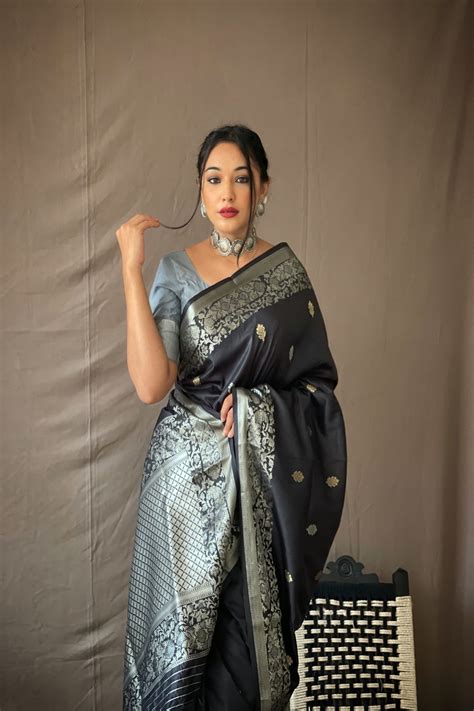 Bright Black Color Soft Paithani Silk Saree With Silver Zari Weaving